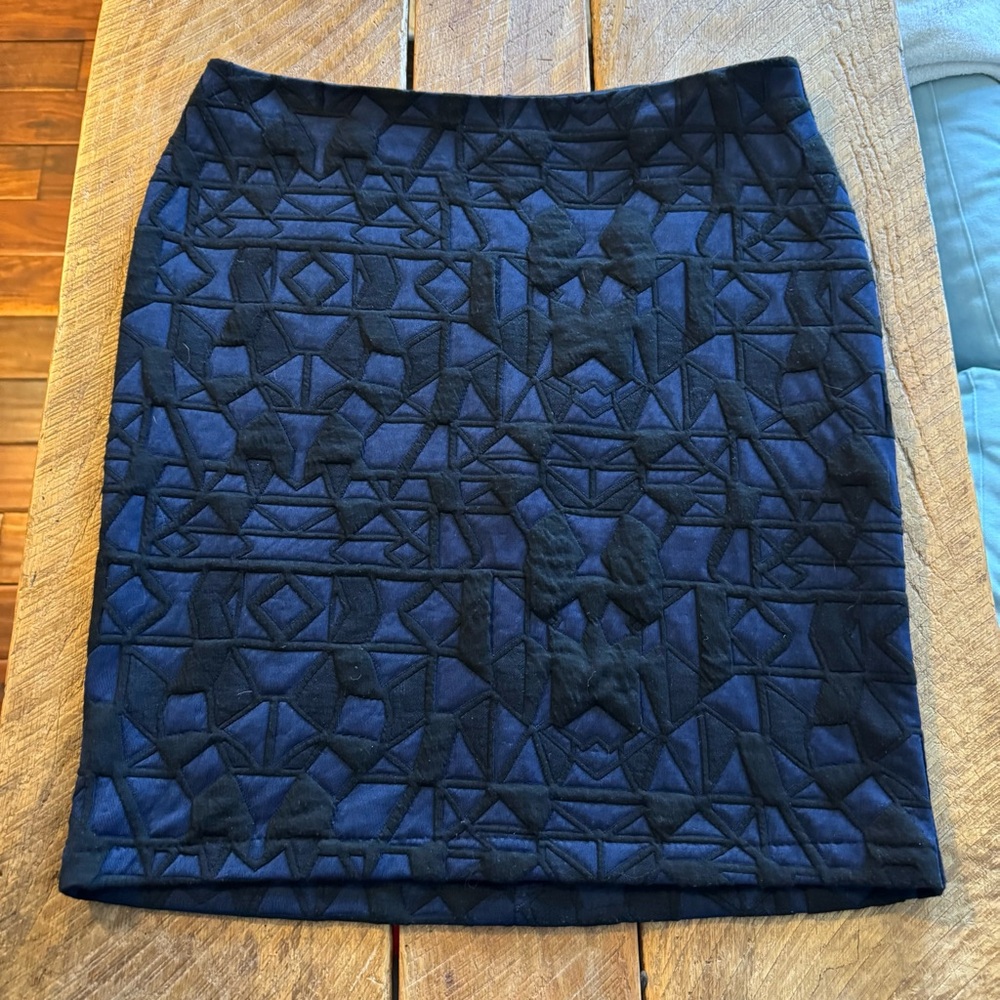 Ronen Chen unique black and blue geometric print pencil skirt, Size U.S. 10